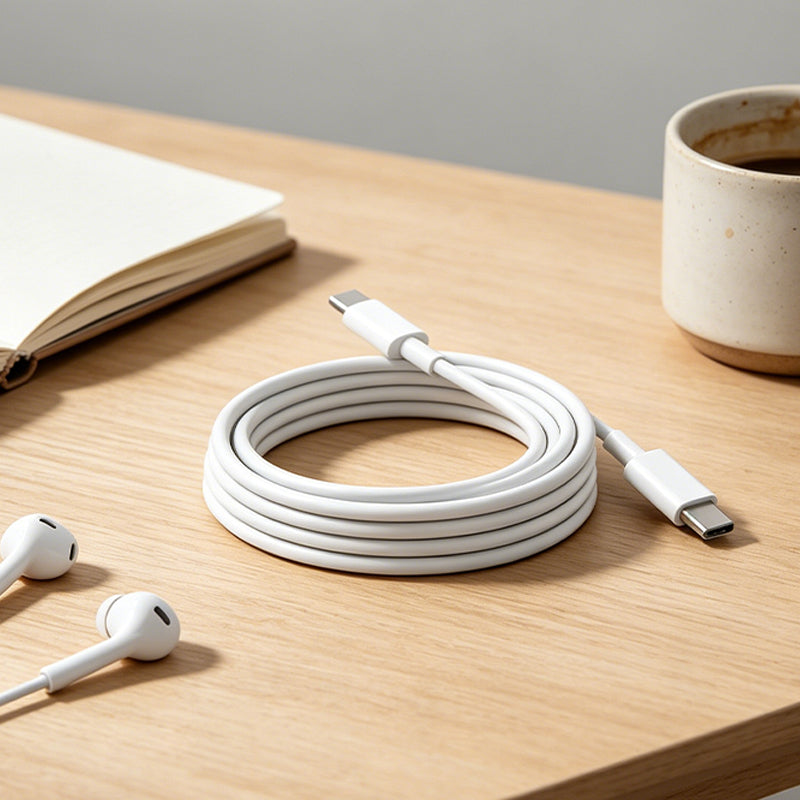 White USB-C to USB-C cable on desk