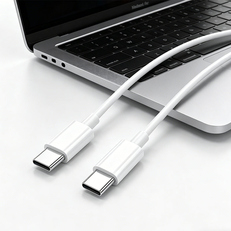 USB-C to USB-C charging cable beside laptop