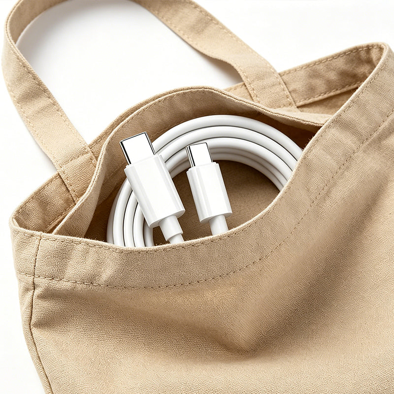 USB-C charging cable stored in tote bag