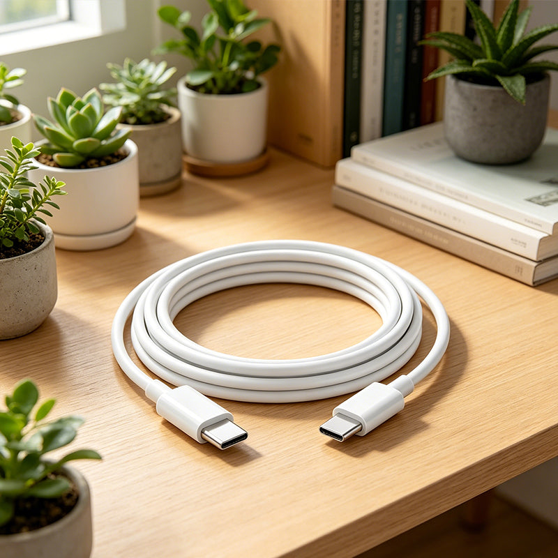 Long white USB-C to USB-C cable on desk