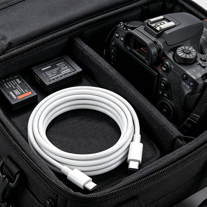 USB-C charging cable in camera travel bag