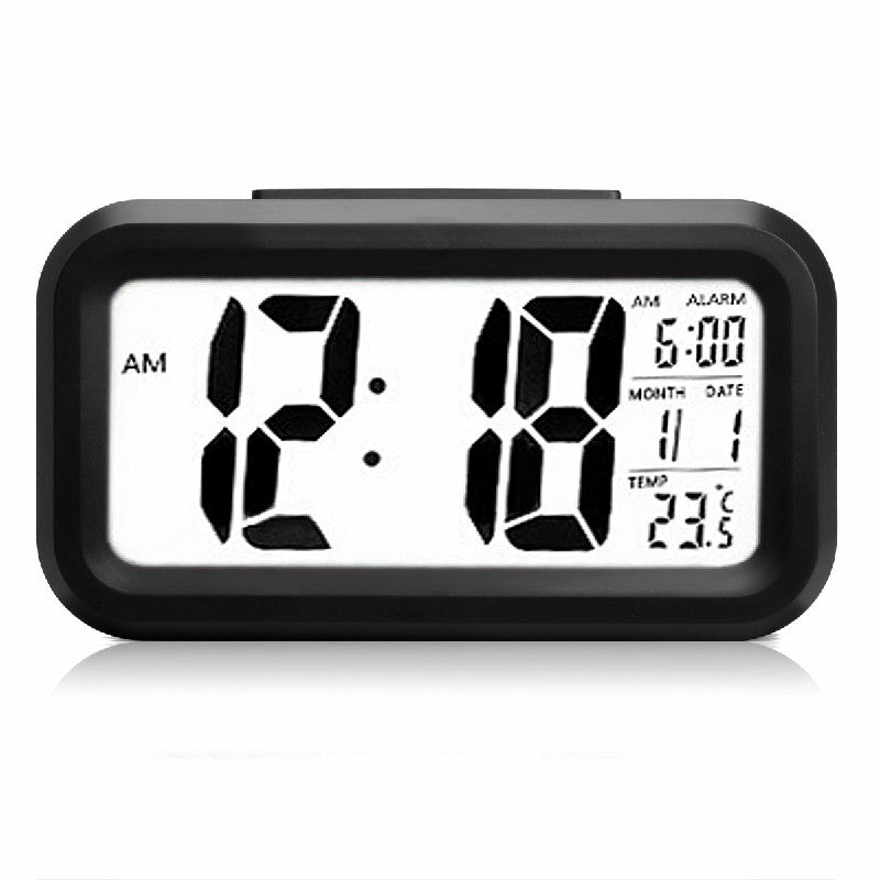 Front view of the black digital alarm clock