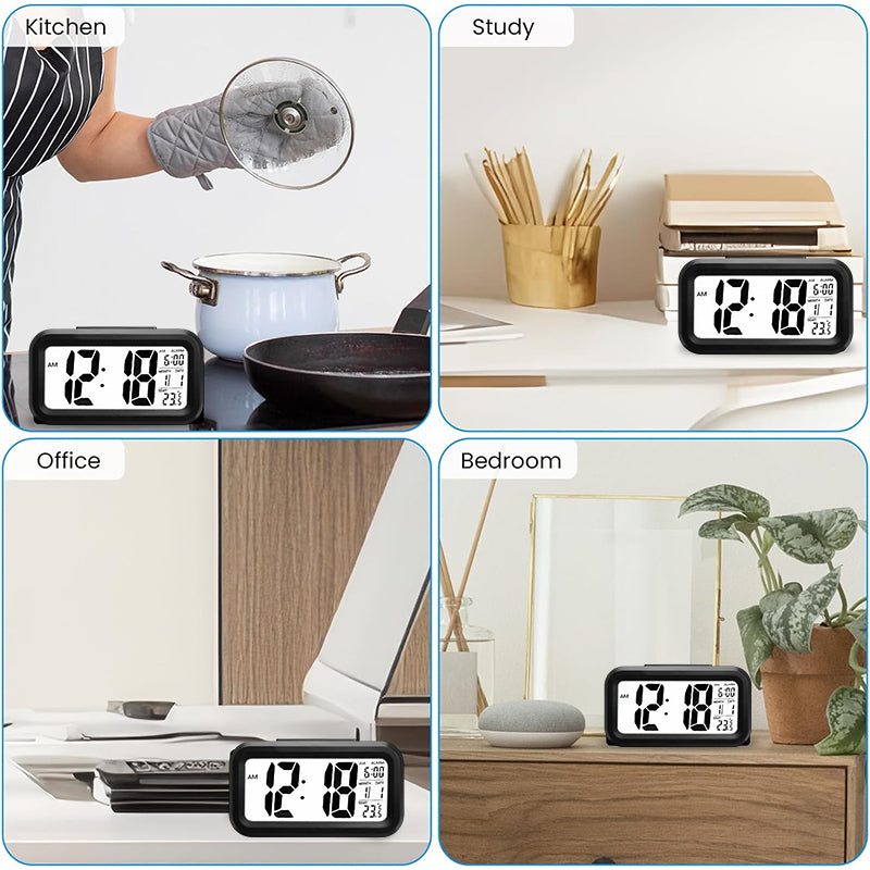 Black digital alarm clock shown in a kitchen, study, office and bedroom