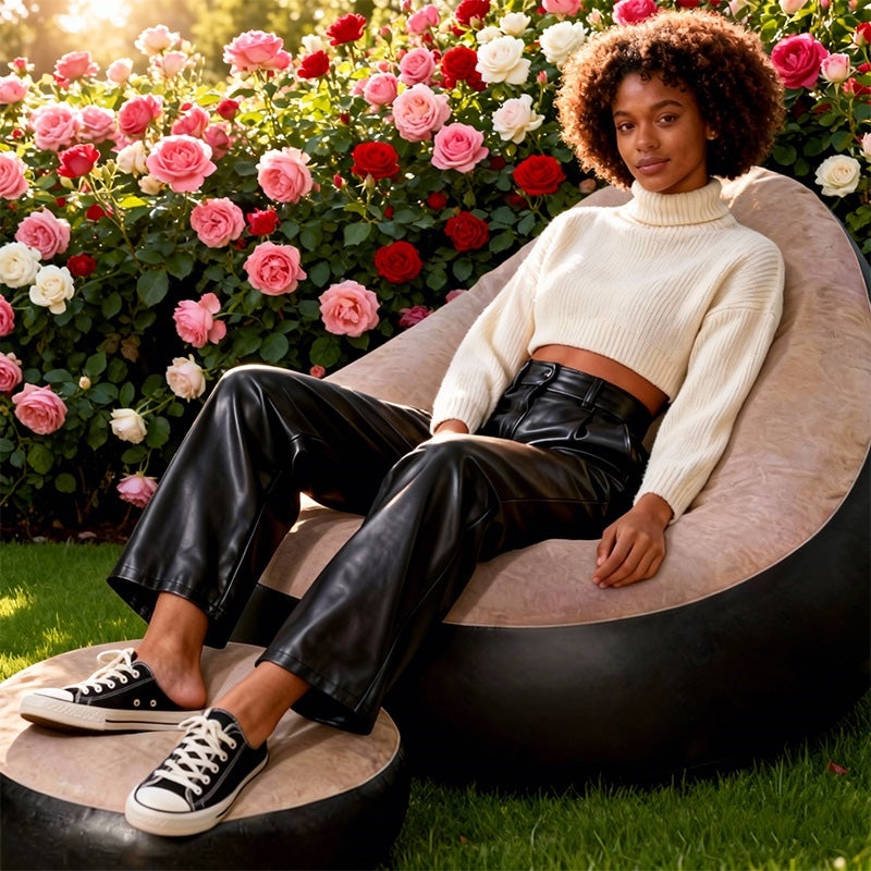 Inflatable chair and foot stool used outdoors
