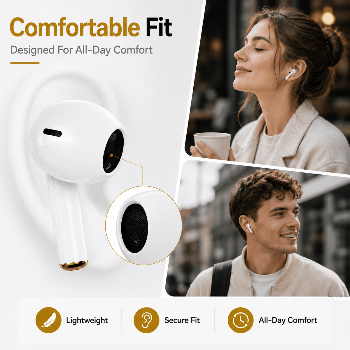 Wireless earbuds comfortable fit lifestyle image