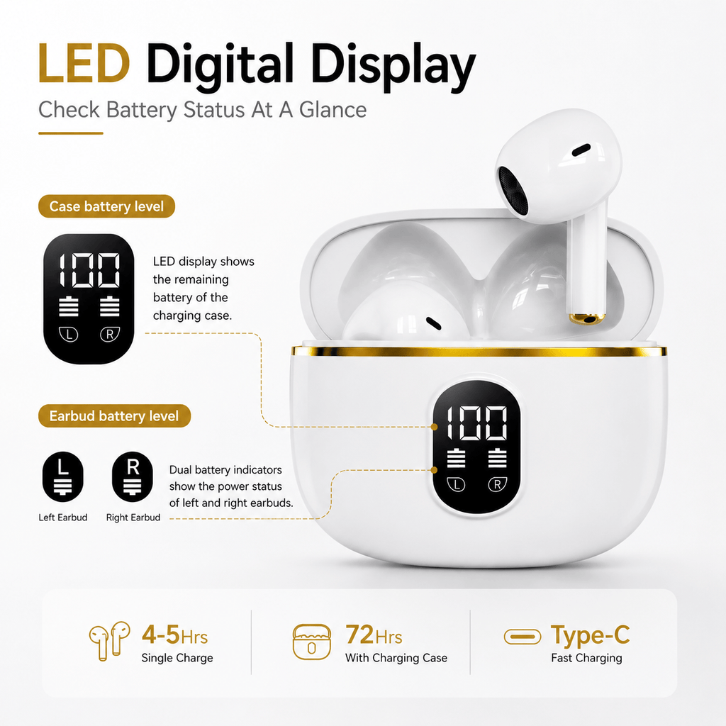 LED battery status display on wireless earbuds charging case