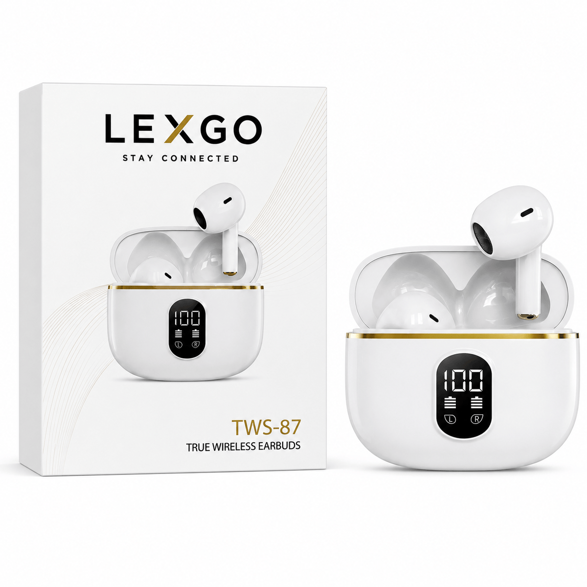 Wireless Bluetooth earbuds with LED battery display and charging case