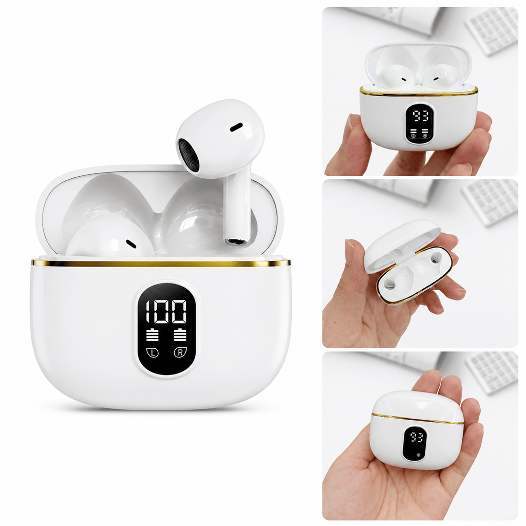 Compact wireless earbuds and LED charging case