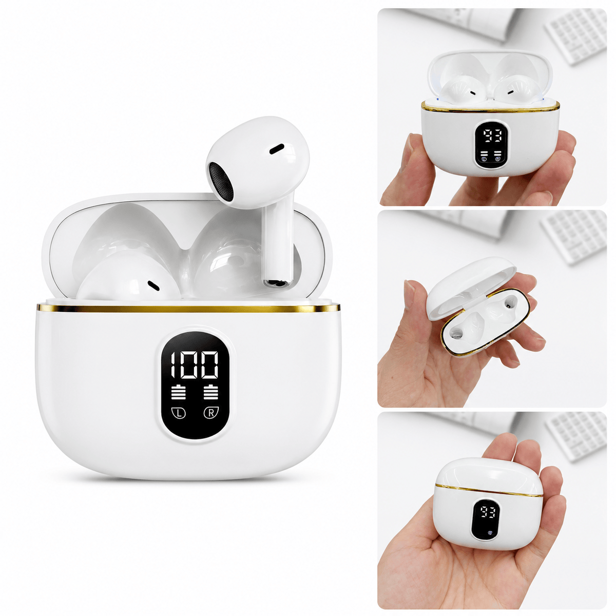 Compact wireless earbuds and LED charging case
